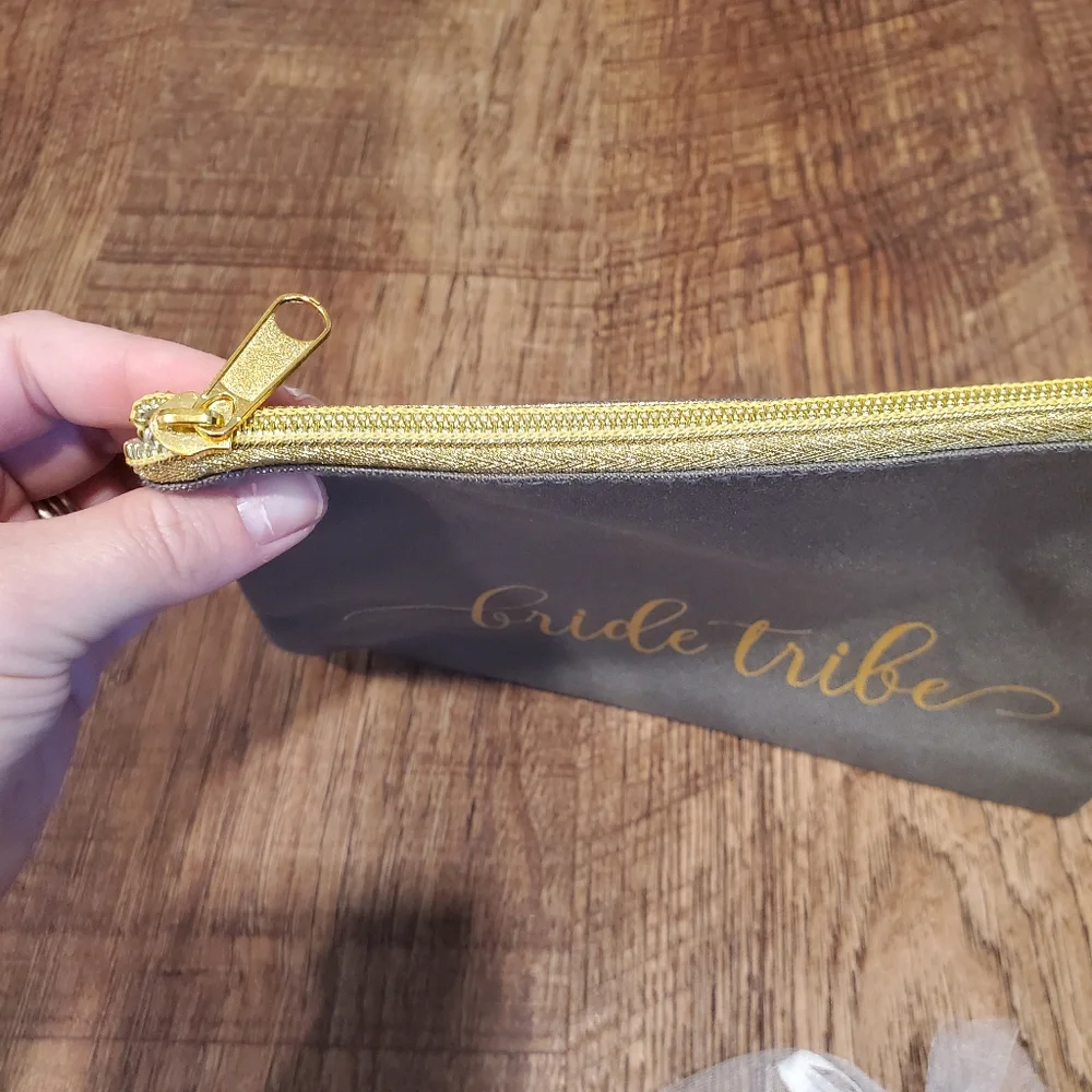 Bride Tribe Gold Gray Metallic Cosmetic Bag Makeup Pouch Pearl Bobby Pins Hair